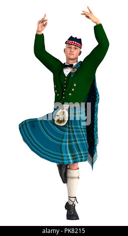 Le rendu 3D d'un highlander vêtu d'un kilt écossais dancing isolé sur fond blanc Banque D'Images