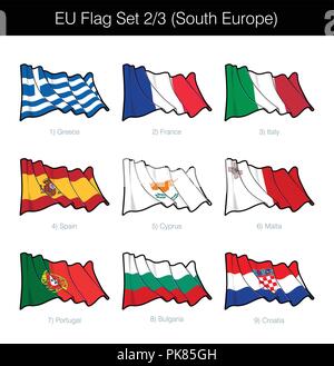 Waving Flag de l'UE Ensemble d'États d'Europe du Sud. L'ensemble comprend les drapeaux de la Grèce, France, Italie, Espagne, Chypre, Malte, le Portugal, la Bulgarie et la Croatie Illustration de Vecteur