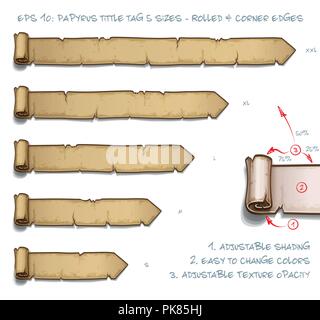 Vector Illustration d'un défilement avec Tag Tittle Papyrus roulé et Corner les bords. Ensemble de cinq Petites Moyennes Grandes tailles et deux très grandes. L'élément de tous les Illustration de Vecteur