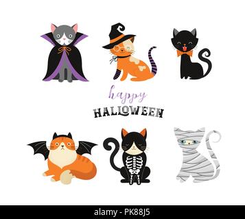 Les chats d'Halloween Costume Party. Illustration et éléments du vecteur de groupe de chats dans Halloween costumes Illustration de Vecteur