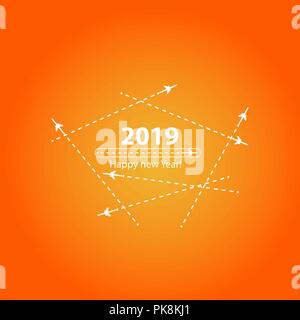 Bonne année de création 2019 Conception avec cours barre de chargement avec avion est en pointillés. L'appartement de vol est noir. Le waypoint est pour un voyage touristique. La Voie sur un fond orange. Vector illustration. Le tourisme. Billet d Illustration de Vecteur