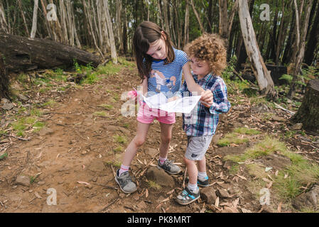 Les jeunes enfants la lecture d'une carte sur un sentier de brousse Enfants lisant une carte dans les bois Banque D'Images