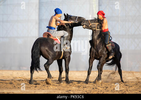 Cholpon-Ata ville, le Kirghizistan - Sep 5, 2018 : deux hommes en concurrence dans l'er-enish cavaliers kirghizes traditionnels (lutte) au cours de match 2018 World Nomad Jeux. Banque D'Images