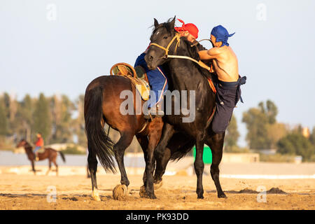 Cholpon-Ata ville, le Kirghizistan - Sep 5, 2018 : deux hommes en concurrence dans l'er-enish cavaliers kirghizes traditionnels (lutte) au cours de match 2018 World Nomad Jeux. Banque D'Images