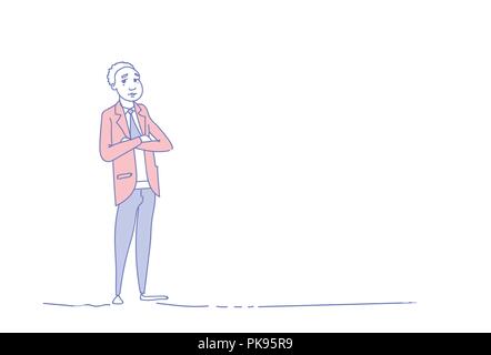 Homme d'affaires fatigué grave homme plié mains personnage masculin isolés croquis pleine longueur horizontale doodle Illustration de Vecteur