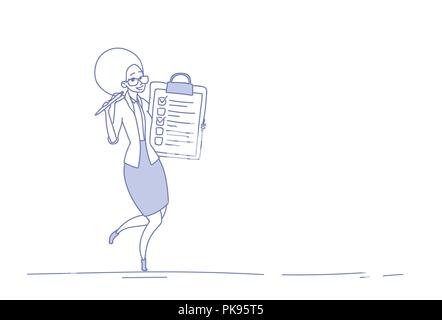 Businesswoman holding clipboard liste de contrôle de la gestion de projet sondage horizontal doodle croquis concept Illustration de Vecteur