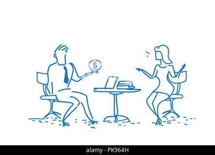 Business man travail bureau man giving woman argent dollar pour fins d'affaires de corruption concept lien doodle croquis dessinés à la main, l'horizontale Illustration de Vecteur
