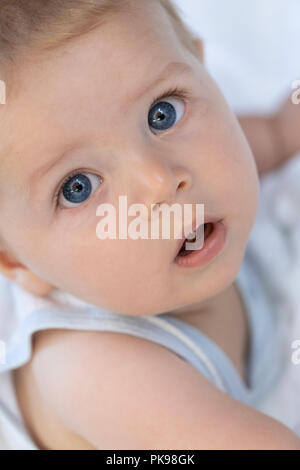 Curieux petit bébé serein à regarder l'appareil photo avec de grands yeux ronds et bleus dans un close up cropped portrait Banque D'Images