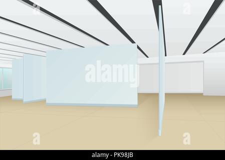 Vide salle de la galerie photo avec l'acronyme de peintures, de photographies et d'autres expositions, des murs blancs, une fenêtre avec verre vert, le bar d'un plafond Illustration de Vecteur