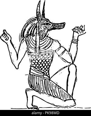 Dieu des morts Anubis dans le Netherworld. Bas-relief égyptien (croquis). Illustration de Vecteur