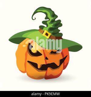 Vector Cartoon style Halloween Pumpkin wearing green witch hat. Face Spooky isolé sur fond blanc. Illustration de Vecteur