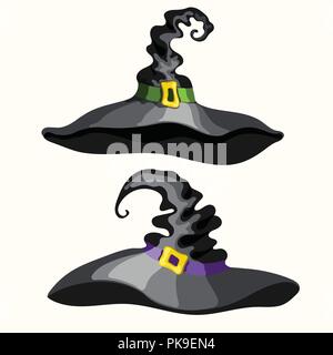 Deux cartoon style vector noir Halloween Chapeau de sorcière isolé sur fond blanc Illustration de Vecteur