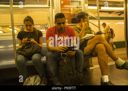 Constamment des gens utiliser leur téléphone alors qu'ils montent le New York CIty Subway. Banque D'Images