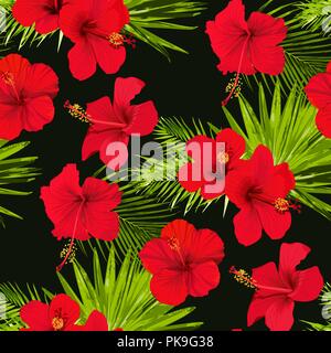 Fleur d'Hibiscus vector seamless pattern on a black background texture tropical fleuri Illustration de Vecteur