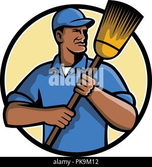 Mascot illustration d'un noir africain-américain street sweeper ou street cleaner holding a broom mis à l'intérieur du cercle isolées sur fond blanc fait i Illustration de Vecteur