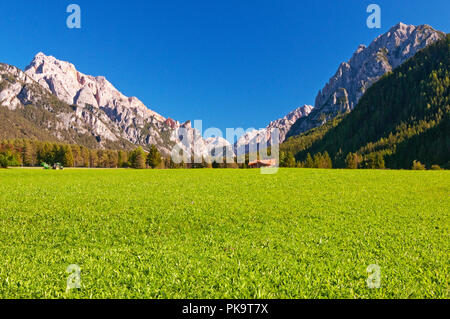 Voir dans le champ de la Dolomite peaks de Fanes Senes Braies Nature Park à partir de la périphérie de San Vigilio di Marebbe, Italie Banque D'Images