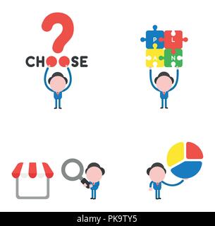 Vector illustration set of businessman mascot character holding up choisissez avec point d'interrogation, quatre pièces de puzzle plan connecté, holding magnifying gl Illustration de Vecteur