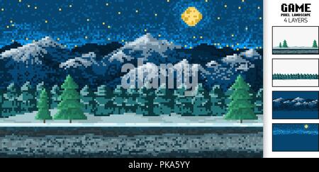 Arrière-plan du paysage, pixel art, digital vintage 8-bit style de jeu. interface pour l'application ou un site web. nuit dans les montagnes et dans la forêt. Illustration de Vecteur