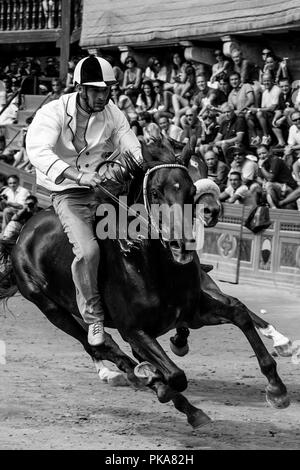 Jockeys locaux Tester les chevaux qui s'exécute dans le Palio di Siena, Sienne, Italie Banque D'Images
