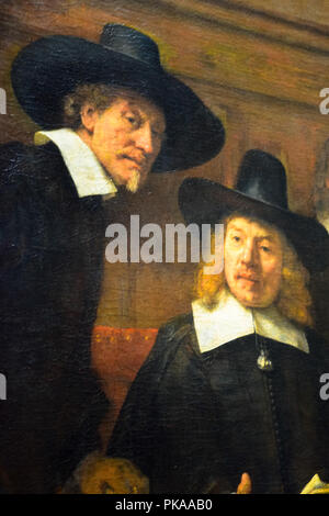 Détails de l'oeuvre 'Syndics des tabliers' Guild' de Rembrandt Van Rijn du Rijksmuseum à Amsterdam, Pays-Bas Banque D'Images