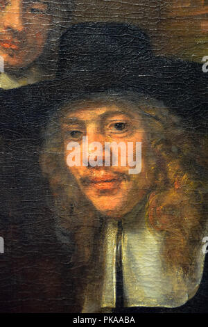 Détails de l'oeuvre 'Syndics des tabliers' Guild' de Rembrandt Van Rijn du Rijksmuseum à Amsterdam, Pays-Bas Banque D'Images