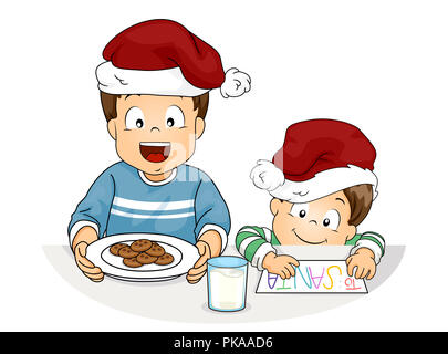 Illustration de Kids Boy Wearing Santa Hats tenant une assiette de biscuits et de lait pour le Père Noël ce Noël Banque D'Images