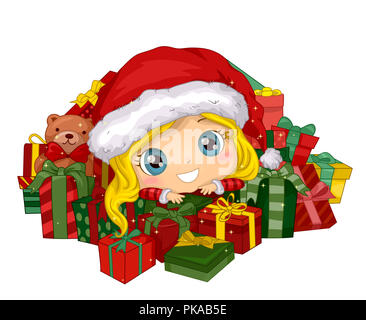 Illustration d'un Kid Girl Wearing Santa Hat assis parmi un tas de cadeaux et d'un ours en peluche Banque D'Images