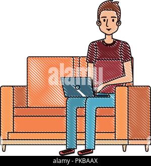 Jeune homme sur le canapé avec un ordinateur portable Illustration de Vecteur