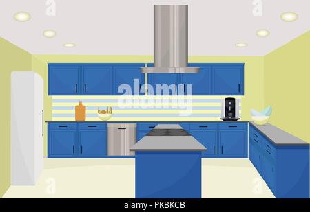 Illustration vecteur de conception d'intérieur de cuisine. Mobilier bleu en mur d'olive prix pour master chef. Illustration de Vecteur