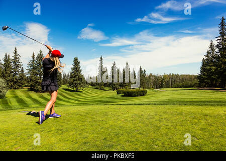 Un golfeur féminin au volant d'une balle de golf vers le bas l'herbe verte d'un terrain de golf avec son chauffeur et la balle en l'air ; Edmonton, Alberta, Canada Banque D'Images