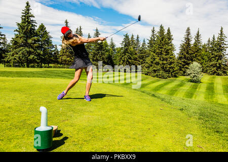 Un golfeur féminin au volant d'une balle de golf vers le bas l'herbe verte d'un terrain de golf avec son chauffeur et la balle en l'air ; Edmonton, Alberta, Canada Banque D'Images