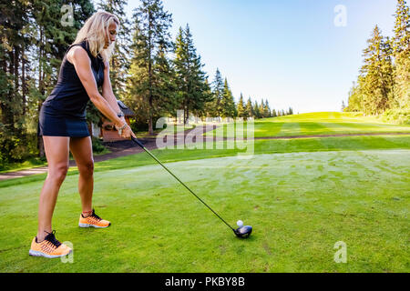 Un golfeur féminin s'aligne son conducteur de la balle de golf sur le tee avec une vue sur le fairway dans la distance ; Edmonton, Alberta, Canada Banque D'Images