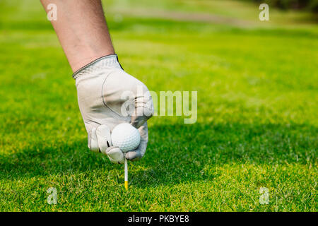 Gros plan d'une main du golfeur portait un gant de golf et en plaçant une balle de golf sur un raccord en t ; Edmonton, Alberta, Canada Banque D'Images