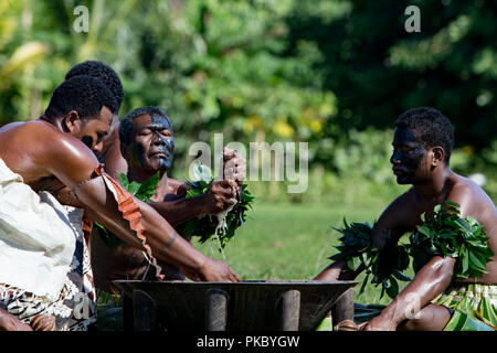 Les villageois de Waitabu village à Taveuni island, Fiji mis sur une cérémonie Kava traditionnel pour un groupe de touristes culturels. Banque D'Images