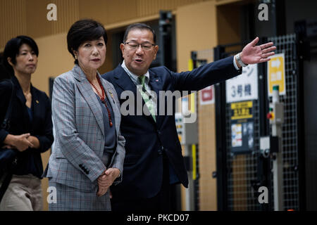 Tokyo, Japon. 13Th Sep 2018. Le gouverneur de Tokyo Toyosu visites Yuriko Koike, Tokyo le 13 septembre 2018. Tourisme monument historique et marché aux poissons de Tsukiji mark fermera ce mois-ci. Nouveau Marché Central de vente en gros de la ville de Tokyo également connu sous le nom de marché Toyosu va ouvrir le mois prochain après un délai de 2 ans. 13 septembre, 2018 Crédit : Nicolas Datiche/AFLO/Alamy Live News Banque D'Images