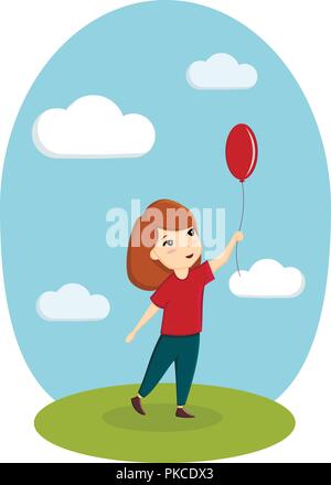 Une fille joue avec un ballon dans la rue. L'image, vecteur, illustration, modèle. Illustration de Vecteur