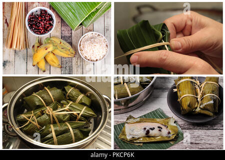 Cuisine maison, en streaming le riz collant et black bean dans la feuille de banane appel Khao Tom Mad in Thai avec cuit en pot. Banque D'Images