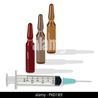 Le concept des soins de santé. Seringue pour injections, ampoules, récipient transparent, vaccination. Isolée sur fond blanc, vecteur, Illustration de Vecteur