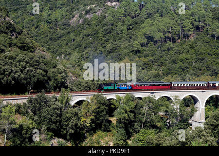 Le train à vapeur des Cévennes passant sur un pont sur le Gardon. Anduze, Occitanie France Banque D'Images