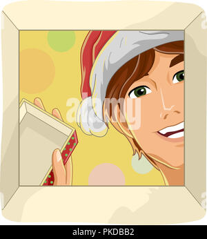 Illustration d'un homme de l'ouverture d'un cadeau de Noël et souriant joyeusement tandis qu'à l'intérieur Banque D'Images