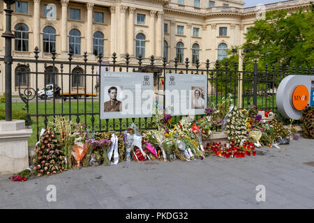 Monuments à la fleur de la Reine Anne de Roumanie à l'extérieur du Palais Royal de Bucarest (Palatul Regal) à Bucarest, Roumanie. Banque D'Images