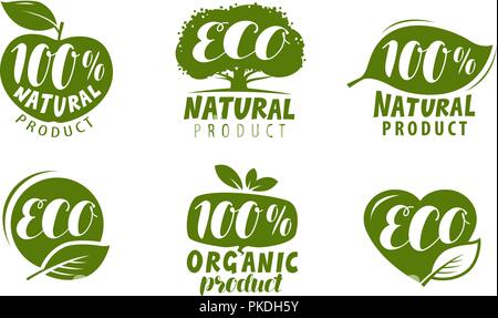 Eco label ou logo. Ensemble de produits organiques naturels sains, badges. Vector Illustration de Vecteur