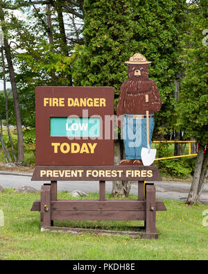 Le danger de feu aujourd'hui signe avec Smokey Bear dans le parc des Adirondack, NY USA Banque D'Images