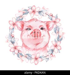 Beau cochon rose. Délicates fleurs Aquarelle illustration Banque D'Images