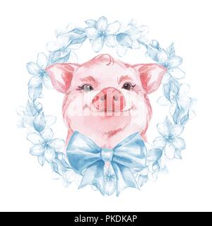 Beau cochon rose. Délicates fleurs Aquarelle illustration Banque D'Images