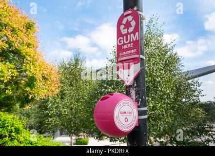 Gum-Tec les bacs de recyclage de chewing-gum chewing-gum recyclé, à l'Université de Winchester, Hampshire, Royaume-Uni Banque D'Images