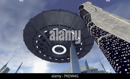 Ovni au-dessus d'une ville futuriste Banque D'Images