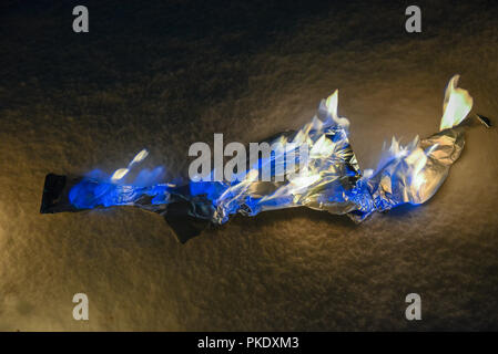 Feuille d'aluminium en feu sur la neige Banque D'Images