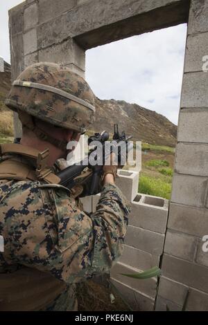 Un des Marines américains avec 3e Bataillon, 3e Régiment de Marines, III Marine Expeditionary Force, les feux d'un lance-grenades M203 avant une agression de l'équipe d'incendie au centre de formation de la plage de la baie de Kaneohe, Marine Corps Base New York, le 26 juillet 2018. Riflemen utilisé leurs systèmes d'armes individuelles telles que le lance-grenades M203, M72 Arme antichar légers (LOI), M4A1 et le fusil d'assaut M27 Fusil automatique d'infanterie pour mener une agression de l'équipe d'incendie. Marines avec l'Inde, Kilo et limousine montréal ont travaillé ensemble pour améliorer leur communication, le leadership et la létalité comme une équipe d'incendie. Banque D'Images