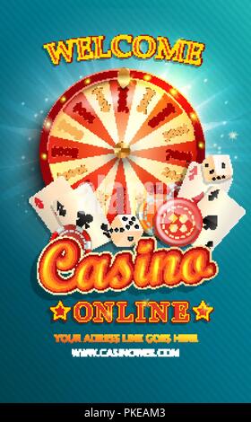 Bienvenue flyer pour casino en ligne avec les cartes de poker, jetons, dés, roues de fortune et d'autres éléments de conception de jeu. Invitation modèle d'affiche sur fond brillant. Vector illustration. Illustration de Vecteur